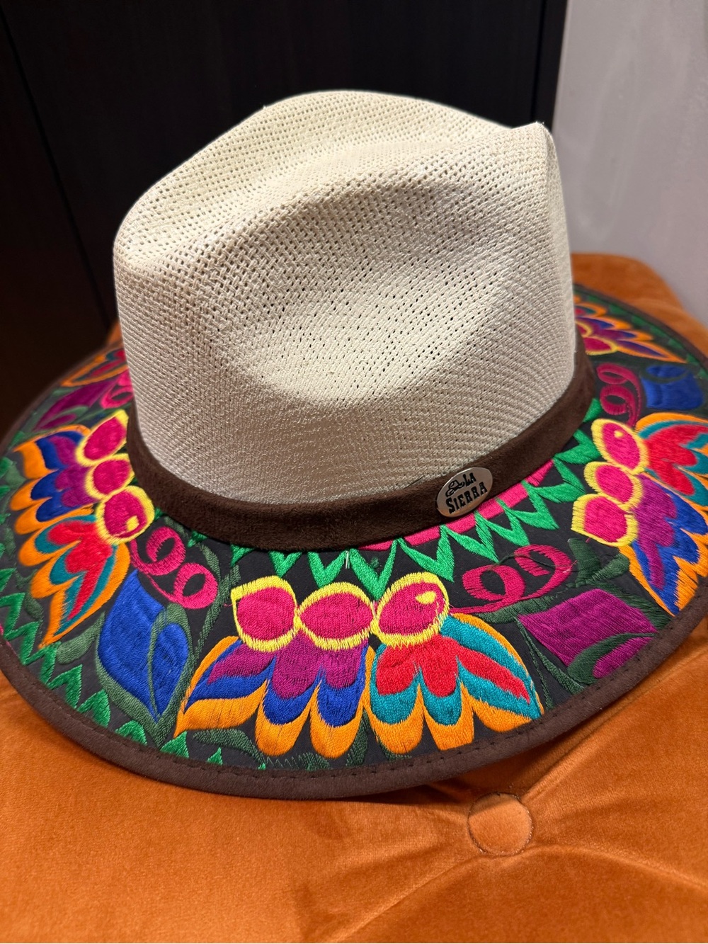 La Sierra Embroidered Brim Straw  Hat - Natural with Multi-Color Floral Trim